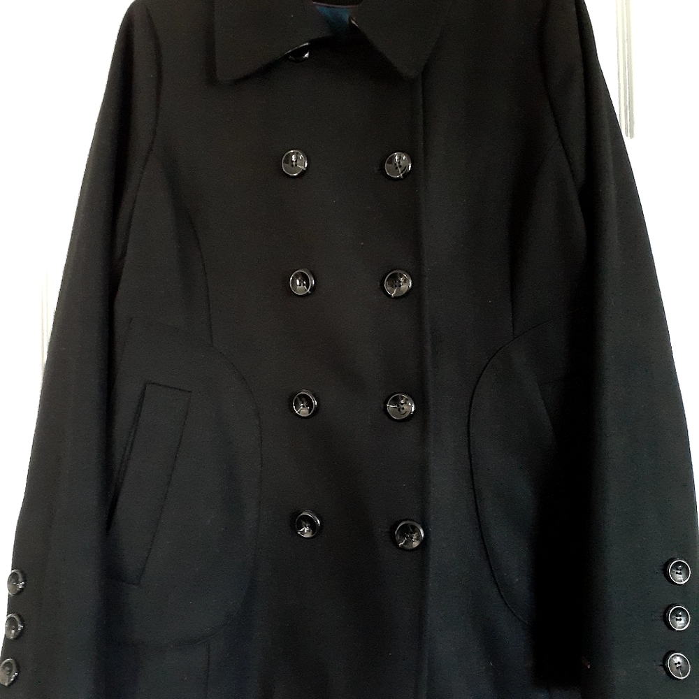 Black Double Breasted Wool Blend Pea Coat